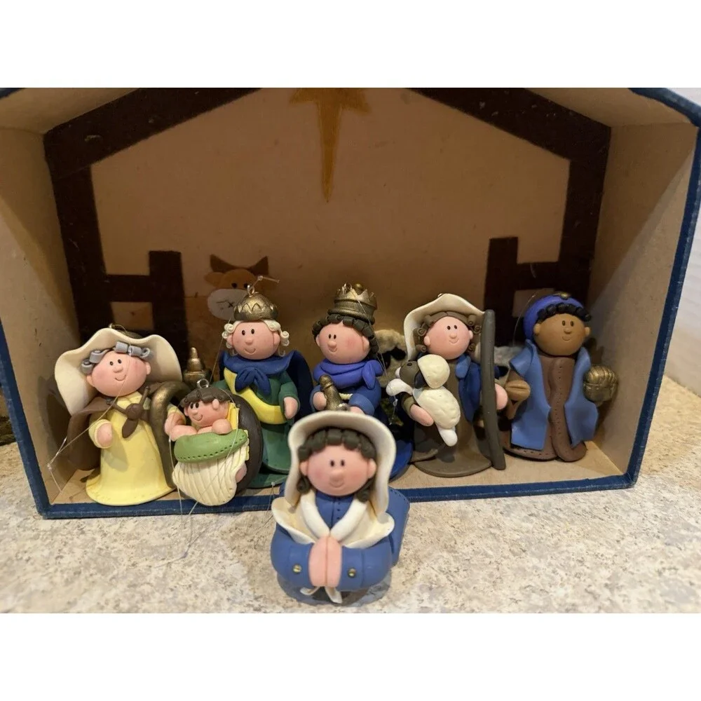 Handmade Nativity Ornament Set 7pc w/ Felt Stable Boxes Wise Men Mary BAF 2004